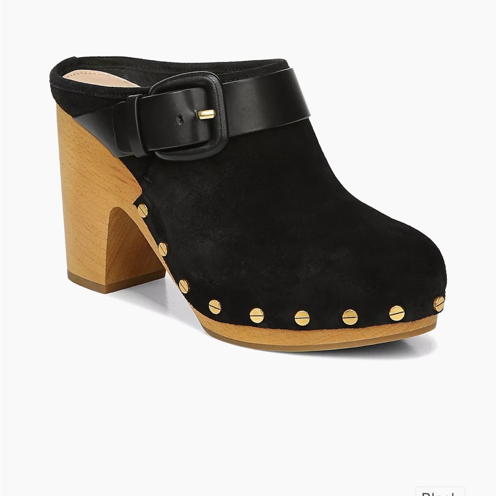 Veronica Beard Black Suede Studded Wood-Heel Clog Mules